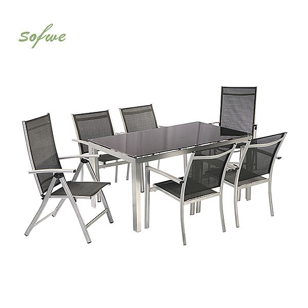 Ensemble de table à manger d'extérieur pour 6 personnes avec plateau en verre - 11D01G