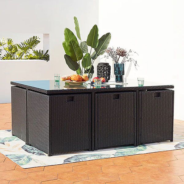 Table de salle à manger cubique en rotin à faible encombrement avec six chaises - 10D01A