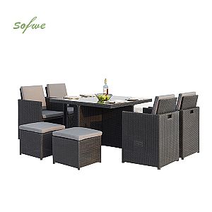 Ensemble de salle à manger en osier avec deux ottomans et...